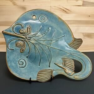 Lg Pottery Stingray Wall Blue Drip Glaze Signed 17x15” Ceramic Coastal Ocean Art